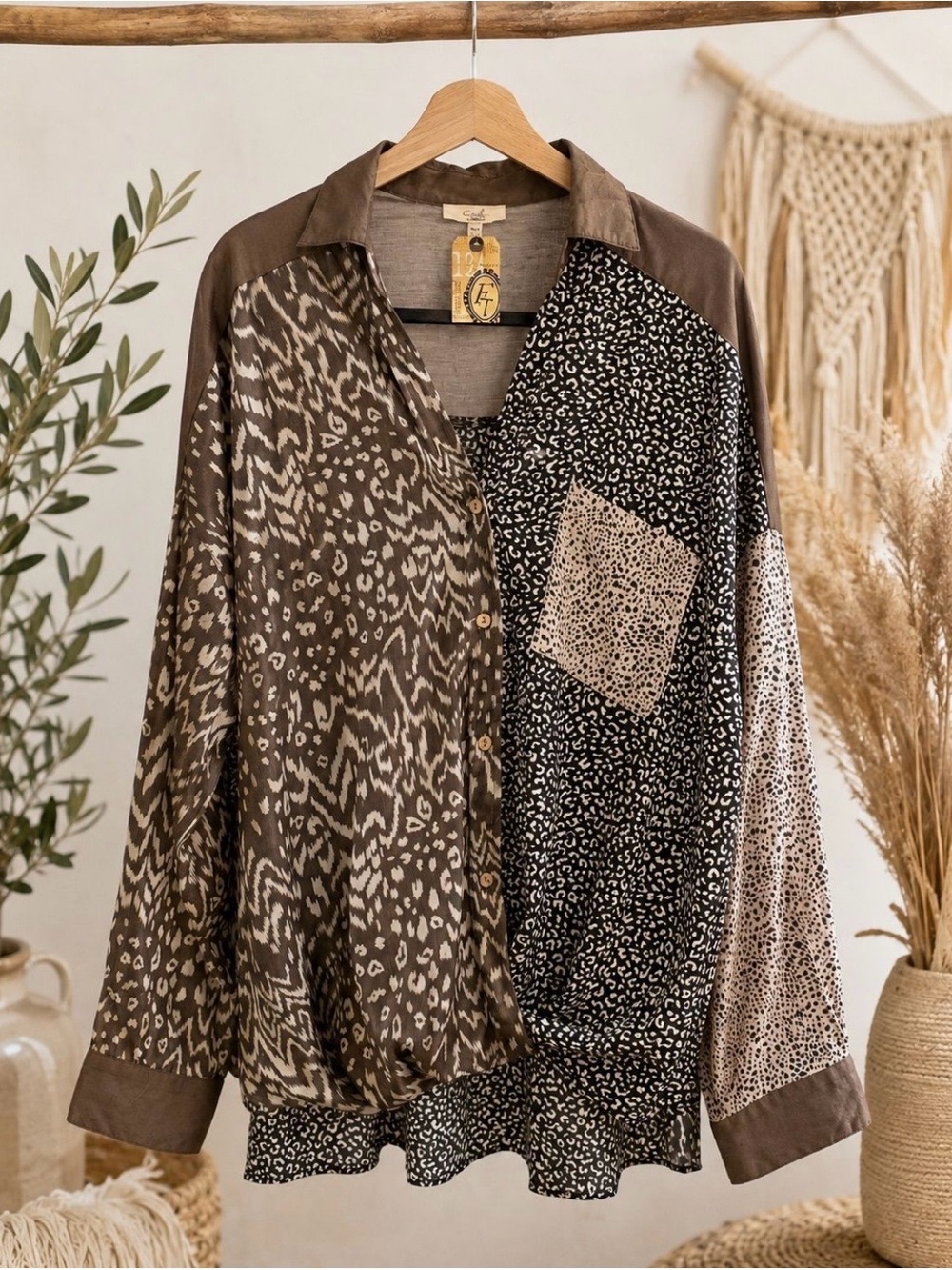 Easel- Animal Print Botton Down Top 2X-Ptp 28